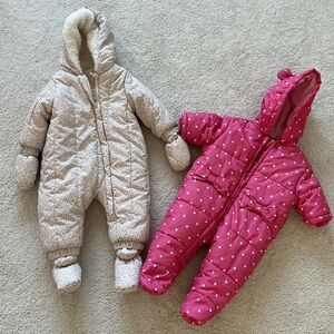Two baby girl snowsuits 3m and 6m GUC